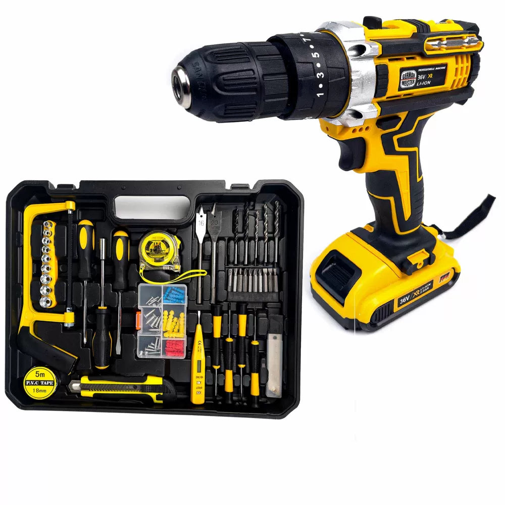 Bormașină cu percuție German Meister 36V 5Ah 2 acumulatori cu 110 accesorii