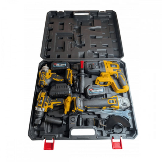 Trusa 4 unelte German Meister cu 2 acumulatori și incarcator, 128V, 8 Ah, Galben