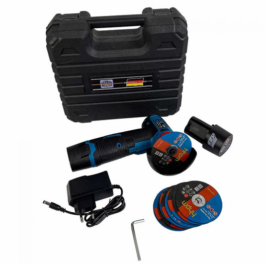 Mini polizor/flex German Meister 12V cu 2 acumulatori și 10 panze rezervă