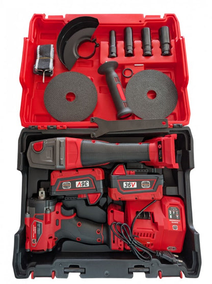 Trusă scule cu flex și pistol impact 36V cu 2 acumulatori 8Ah