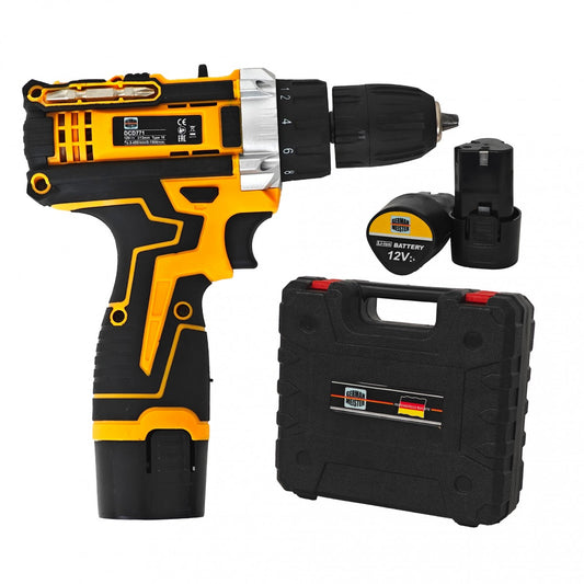 Bormașină cu acumulator 12V German Meister cu percuție și 26 accesorii